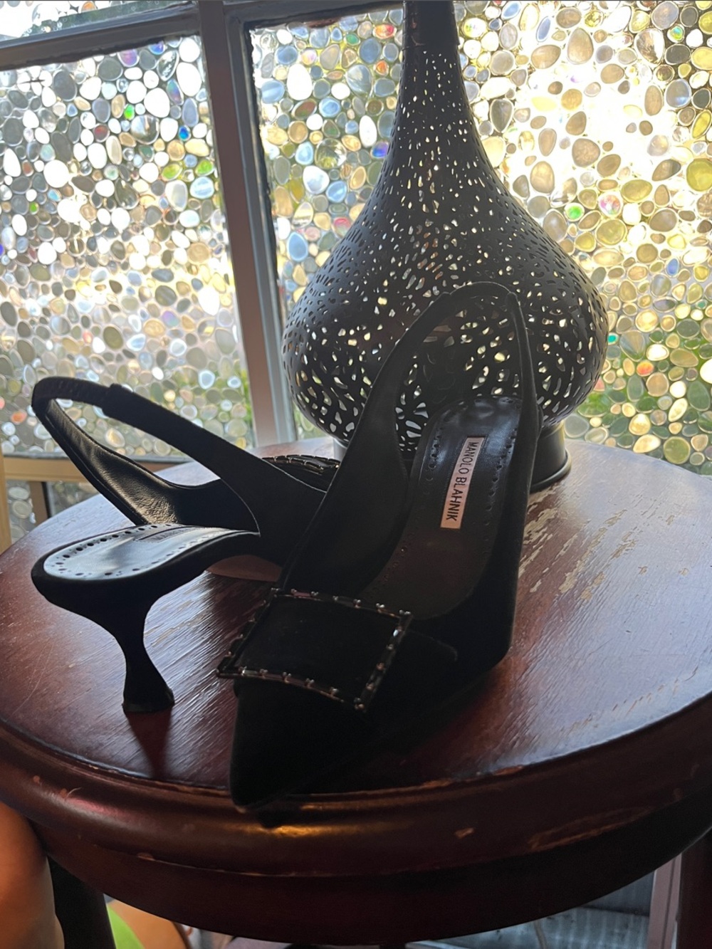 Manolo Blahnik Black Pointed-Toe Slingback Heels with Embellished Buckle